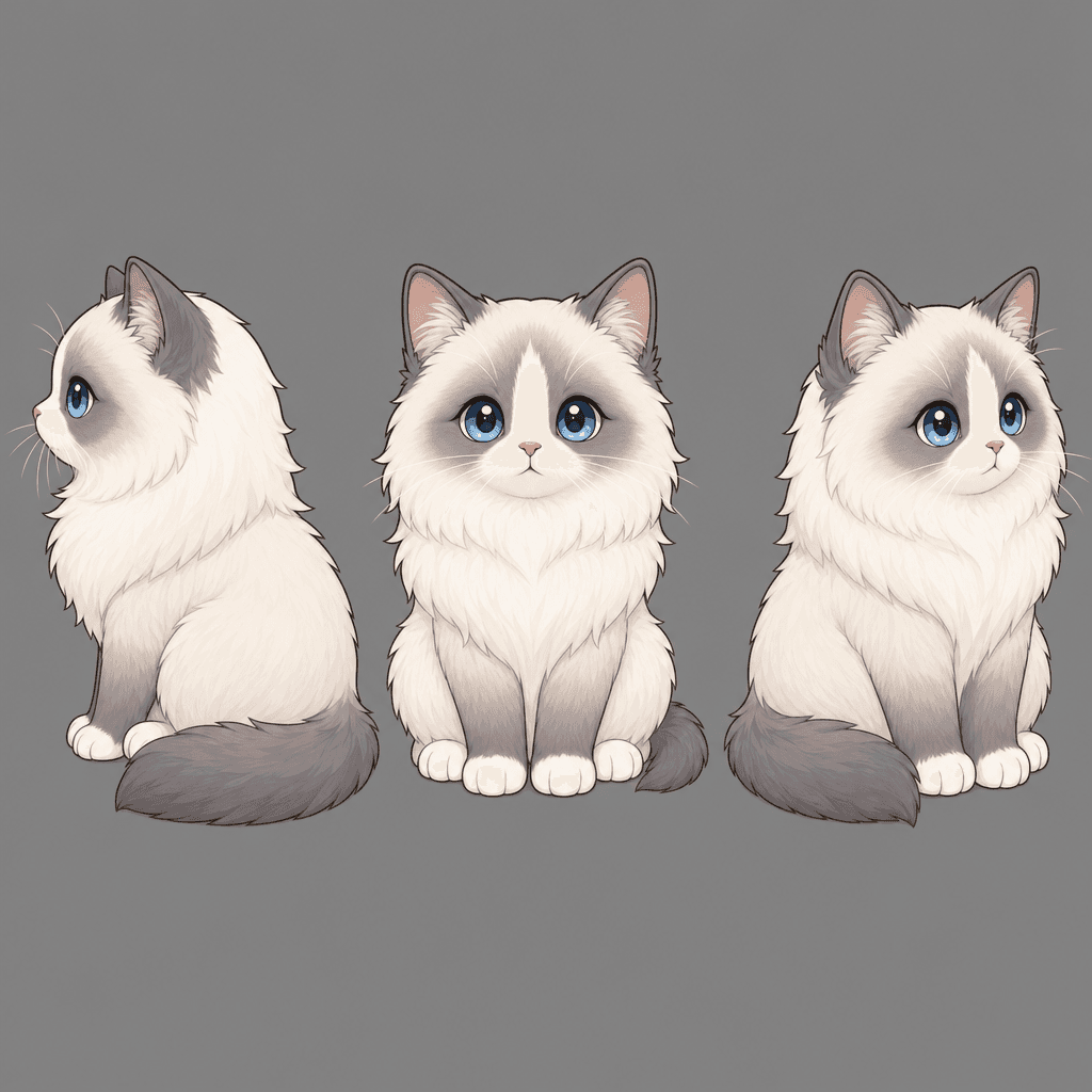 Example three-view concept sheet showing a cat from three angles